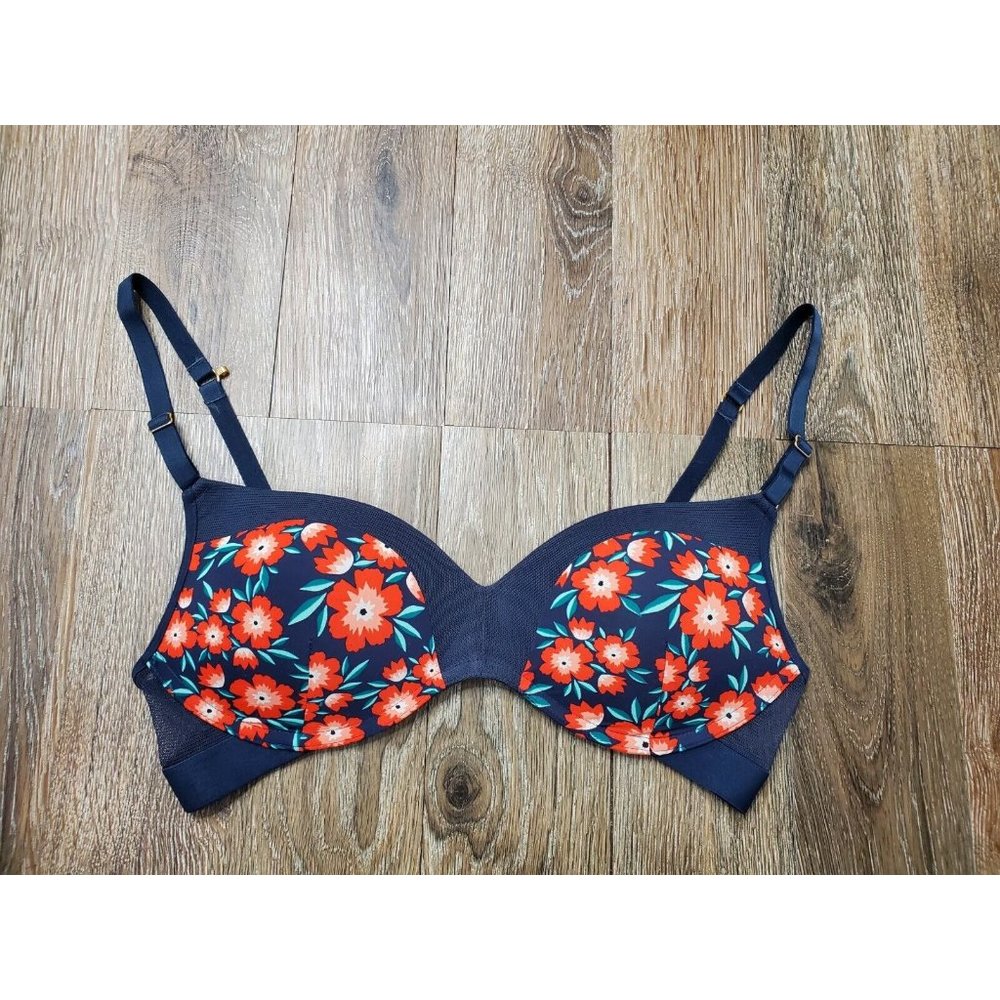 Lively Women 36B Navy Orange Floral Full Coverage Bra Wireless Mesh Trim Smooth
